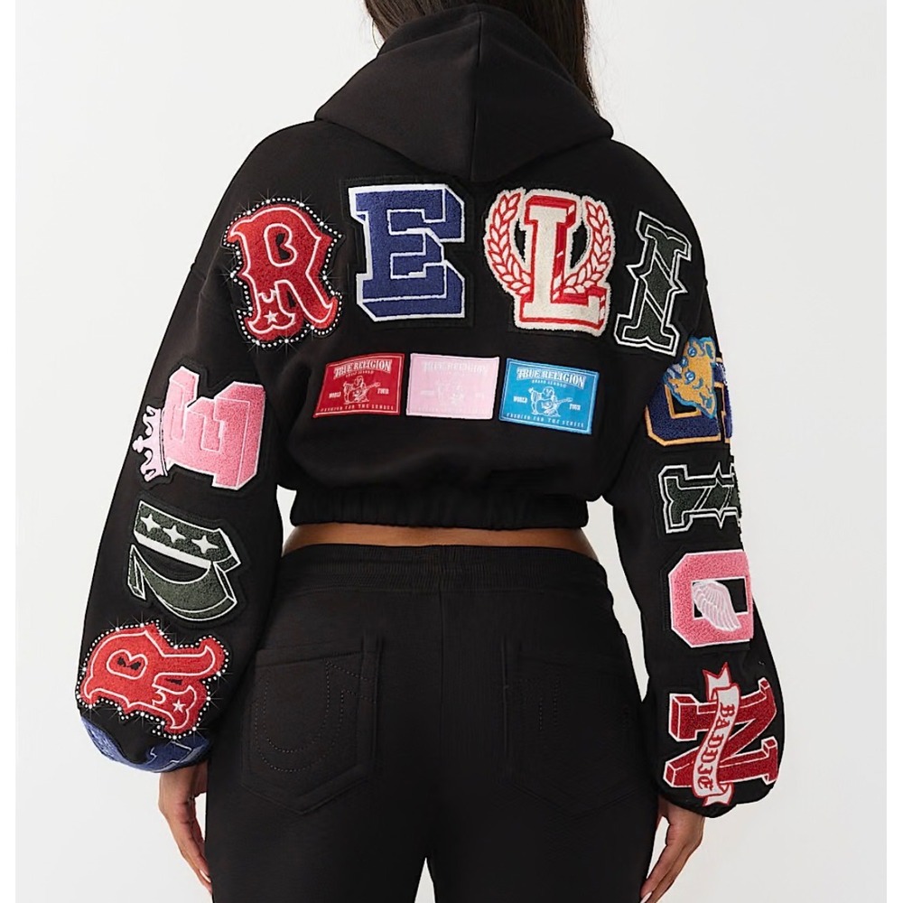 True Religion Women Black Cropped Varsity Patch Zip Up Hoodie Small